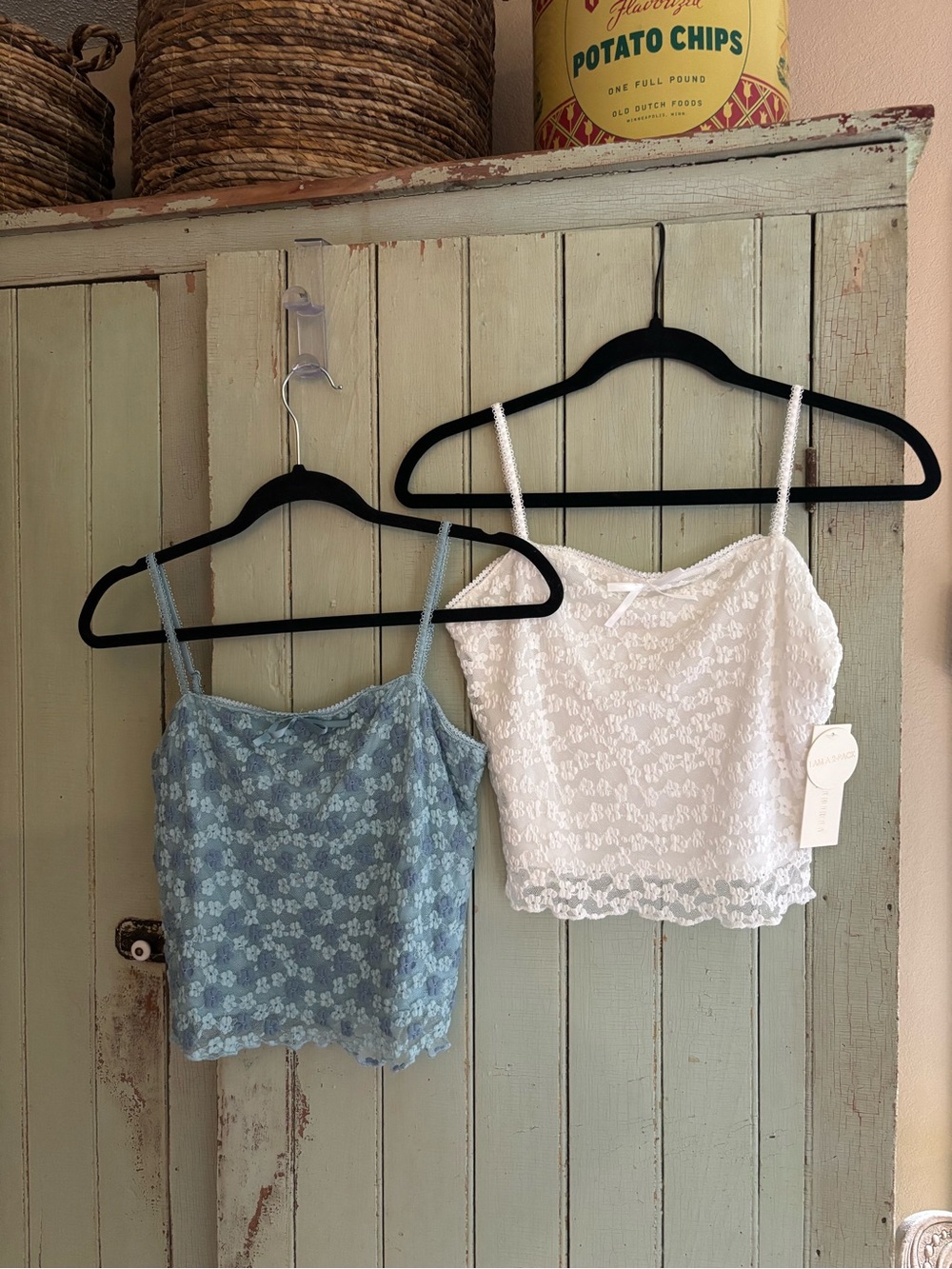Floral Lace Spaghetti Strap Cami — White & Light Blue